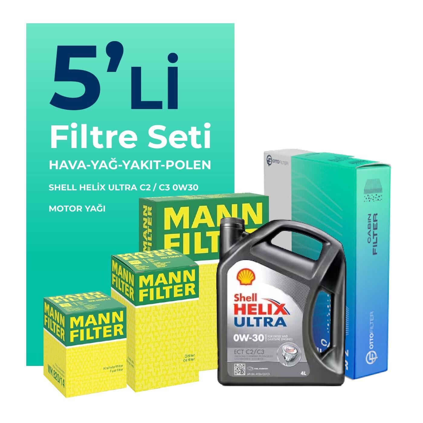 MANN Peugeot 208 1.6 BlueHDi Dizel Filtre Bakım Seti Shell Motor Yağlı (2016-2019) 5 Li