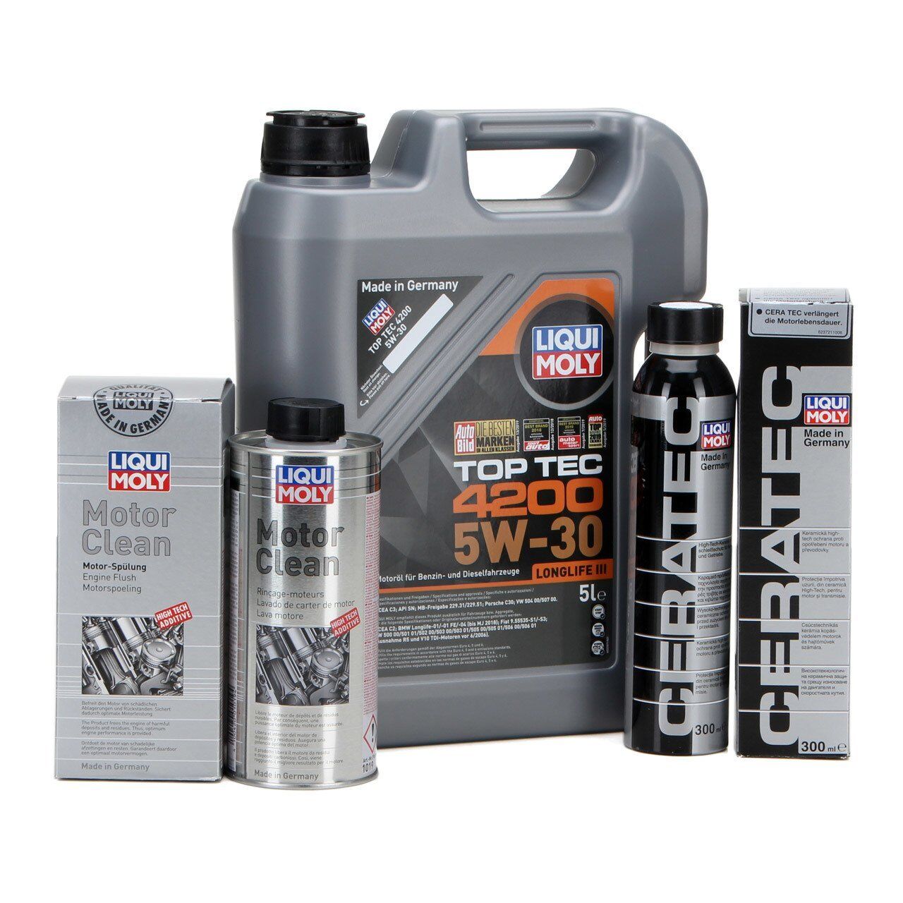LIQUI MOLY 5W-30 Motor Yağı Tam Sentetik Top Tec 4200 5 Litre (8973) + Motor Temizleme (1019) + Ceratec Katkı Kiti (7181)