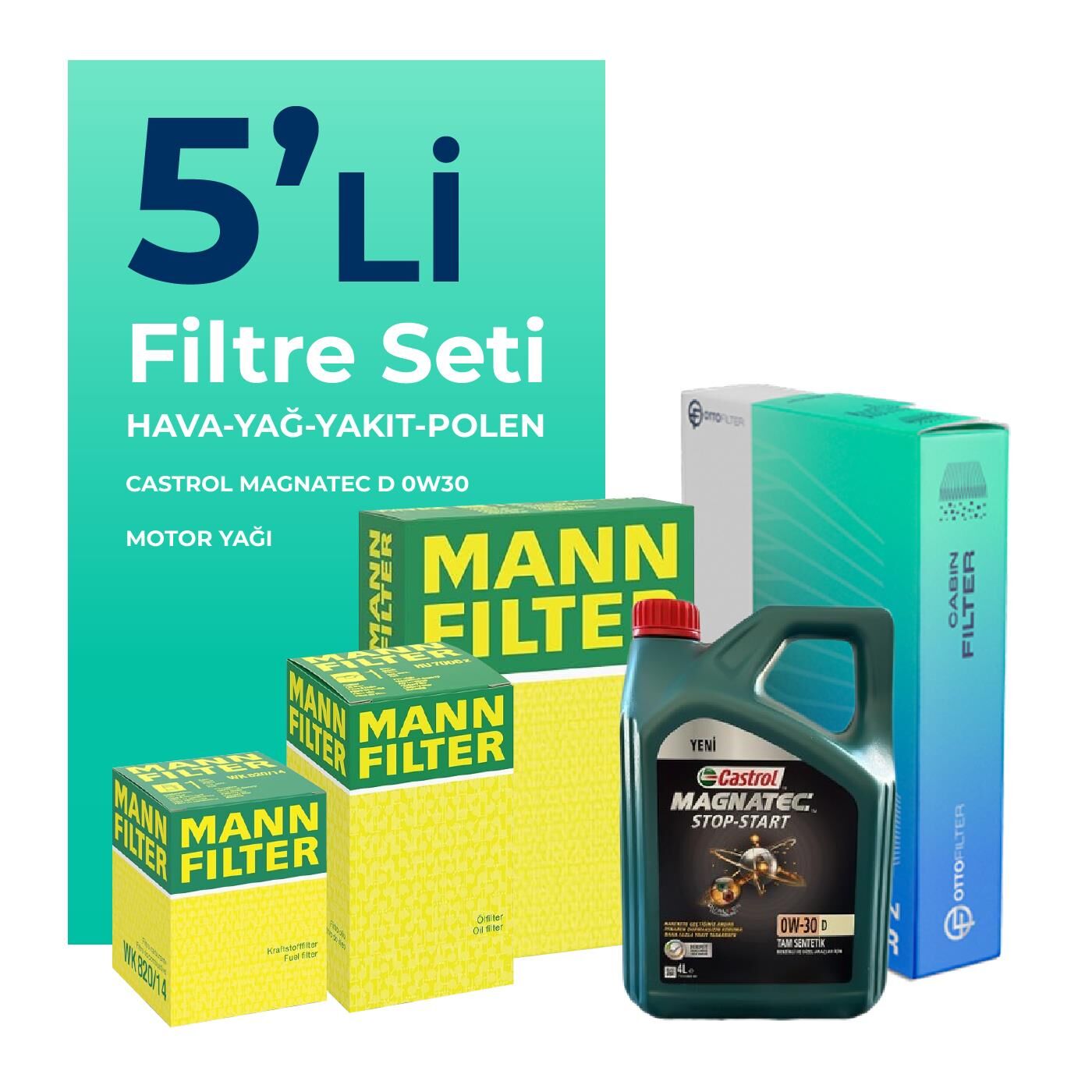 MANN Ford Fiesta 1.5 Dizel Filtre Bakım Seti Castrol Motor Yağlı (2017-2020) 5 Li