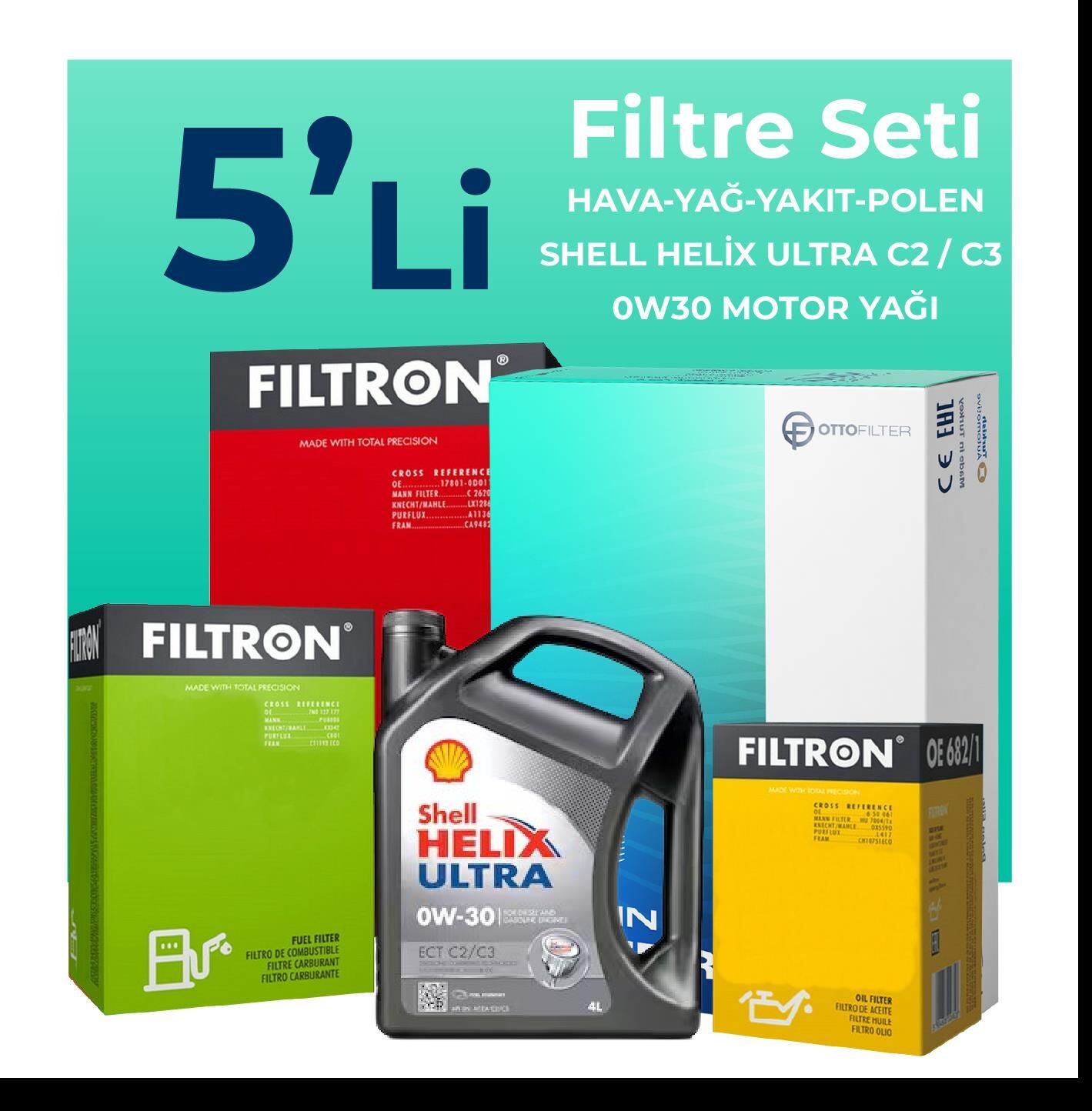 Filtron Peugeot Partner 1.6 BlueHDi Dizel Filtre Bakım Seti Shell Motor Yağlı (2015-2018) 5 Li