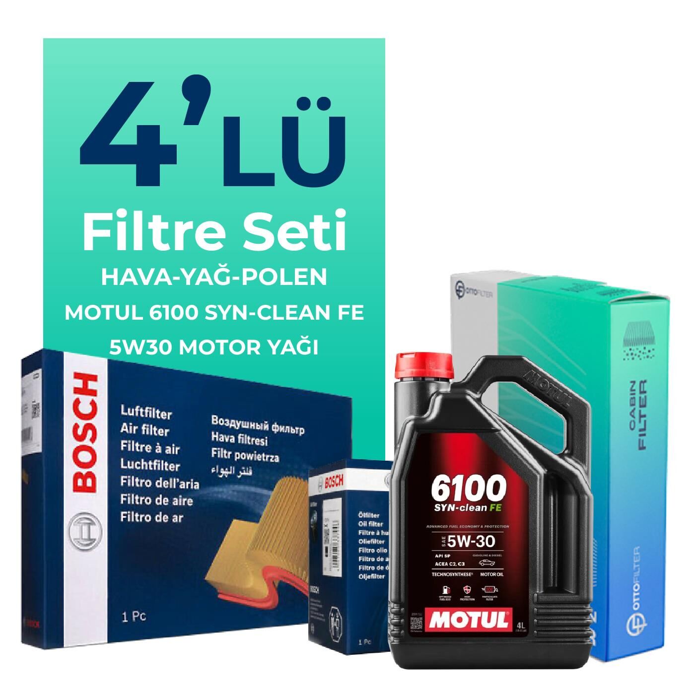 BOSCH Citroen C4 1.4 Benzinli Filtre Bakım Seti Motul Motor Yağlı (2004-2010) 4 Lü