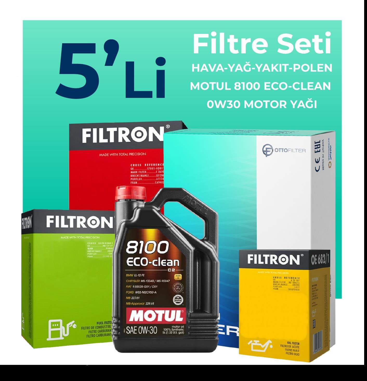 Filtron Ford Focus 1.5 Dizel Filtre Bakım Seti Motul Motor Yağlı (2014-2017) 5 Li