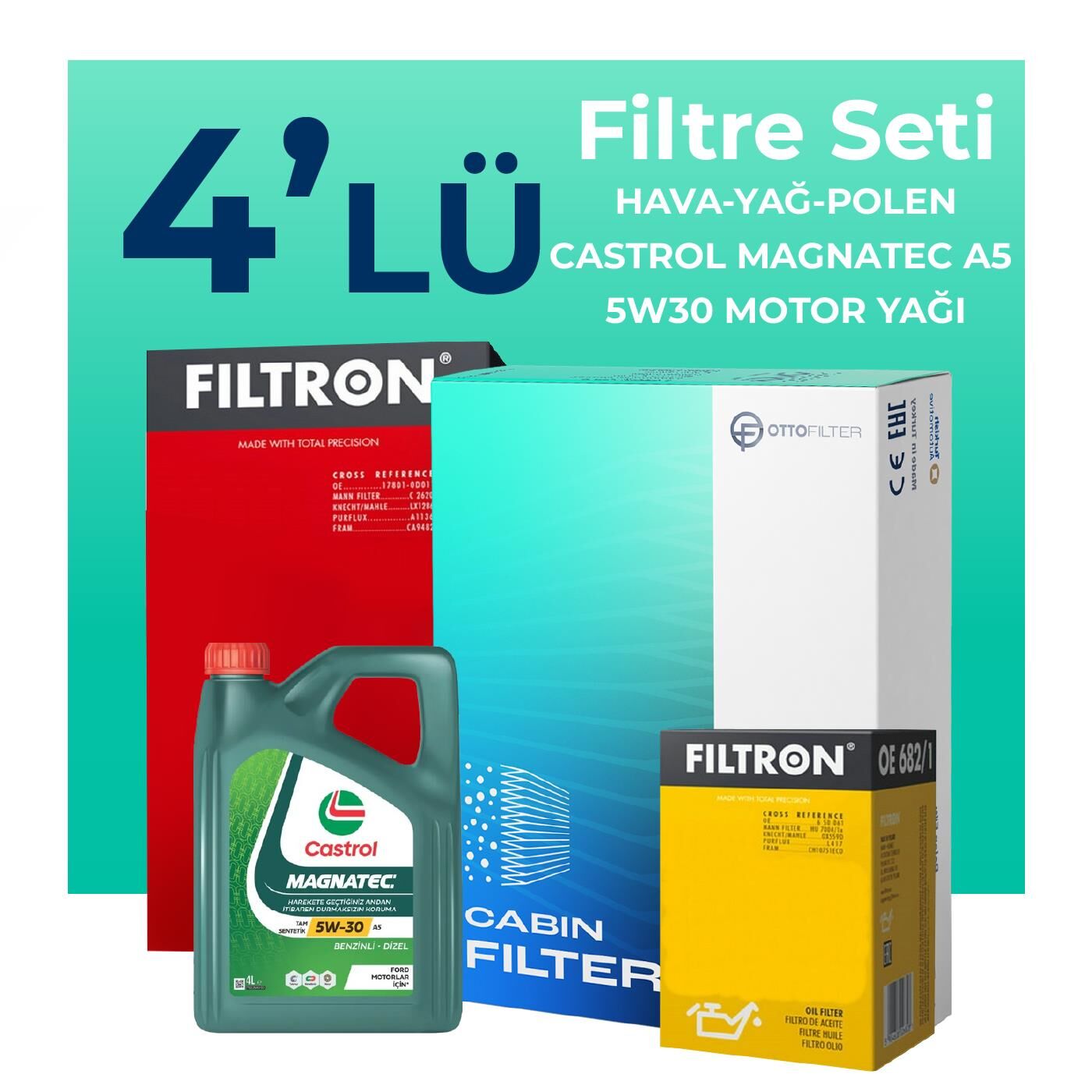 Filtron Ford Ranger 2.2 Dizel Filtre Bakım Seti Castrol Motor Yağlı (2012-2019) 4 Lü